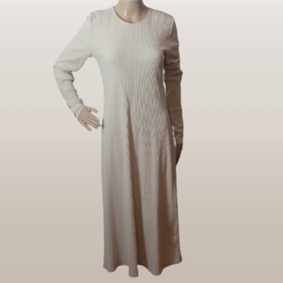 Zara Cream Cotton Ribbed Long Sleeve Crewneck Maxi Dress with Cut-out back - Picture 1 of 14